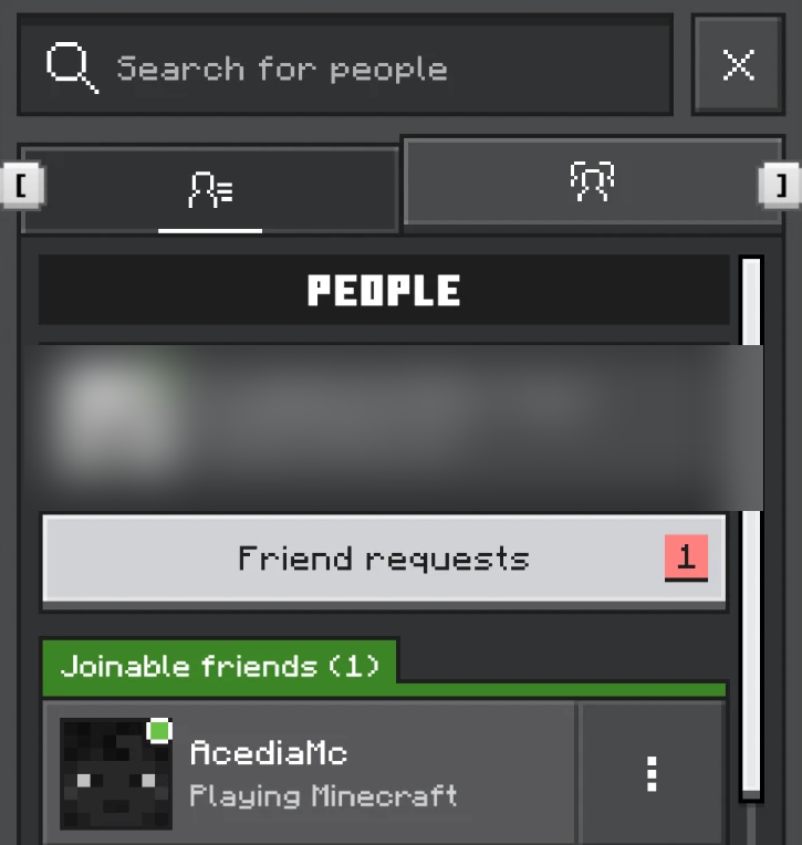 The Minecraft friends list showing AcediaMC under Joinable friends.
