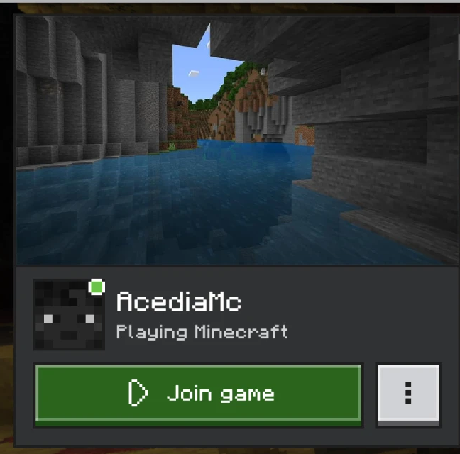 The AcediaMC profile in Minecraft with a Join game button.