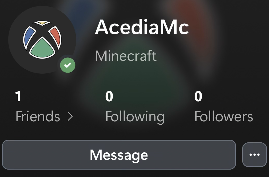 The Xbox profile for the gamertag AcediaMC, shown playing Minecraft.