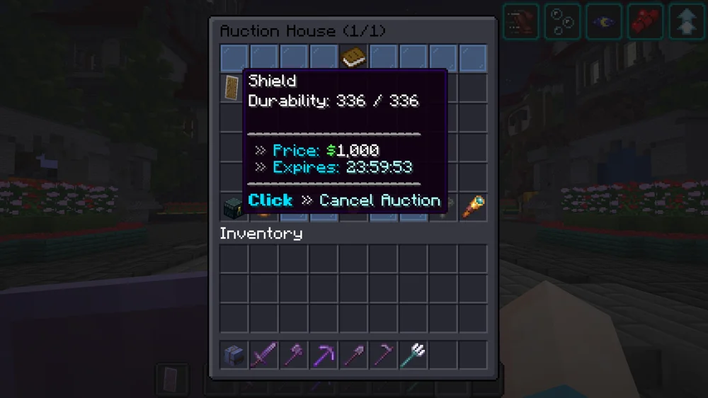 The Auction House menu showing a listed shield at full durability, priced one thousand dollars, with just under twenty four hours left before it expires, and an option to cancel the auction.