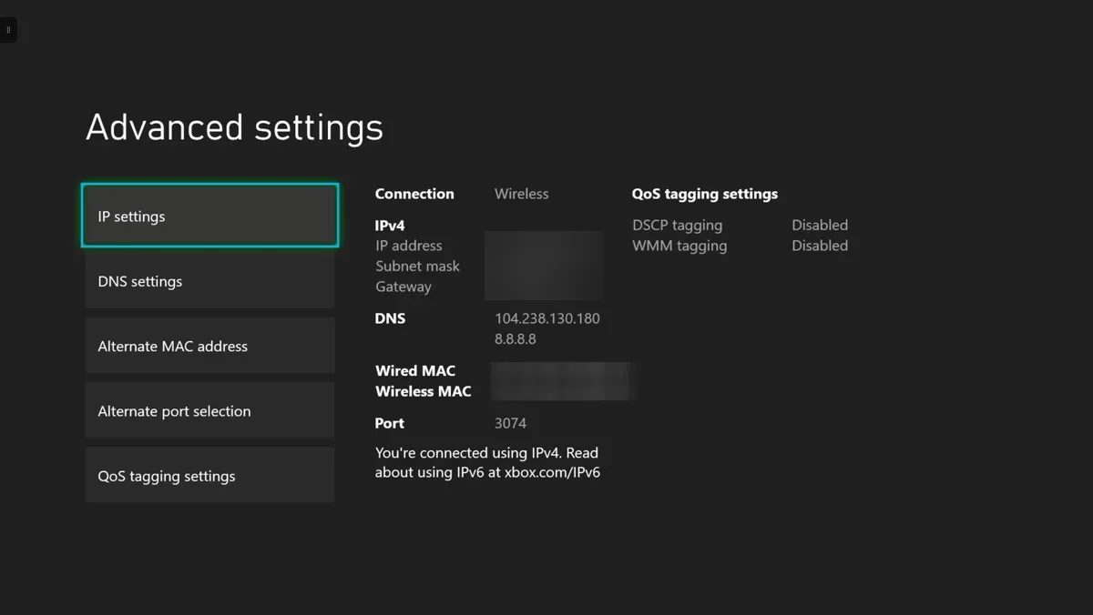 The Xbox Advanced settings screen. Under DNS it reads 104.238.130.180 on the first line and 8.8.8.8 on the second. The IP address, subnet mask, gateway and MAC address values are blurred out.