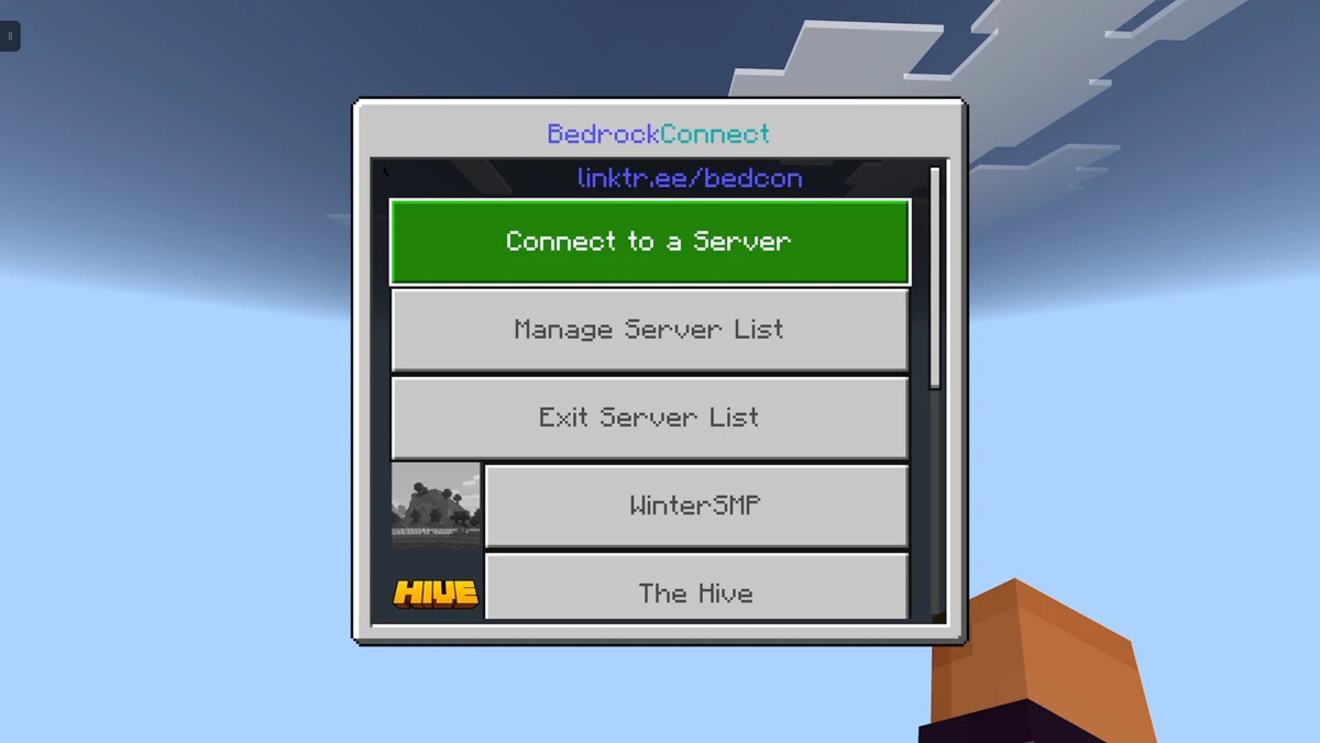 The BedrockConnect menu with options to connect to a server, manage the server list, and exit the server list.