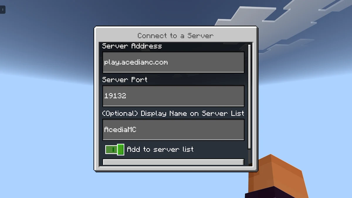 The Connect to a Server form with the address play.acediamc.com, port 19132, display name AcediaMC, and the add to server list switch turned on.