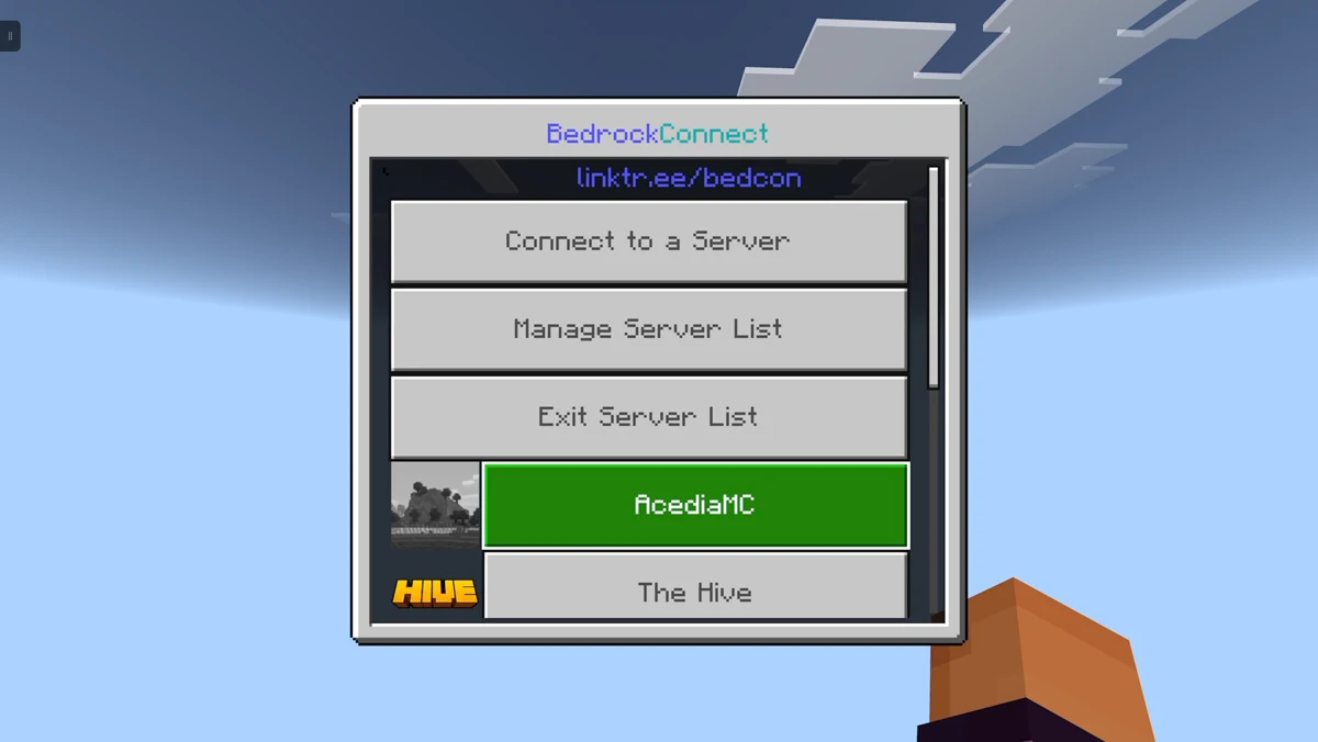 The BedrockConnect menu with AcediaMC now saved and highlighted in the server list.