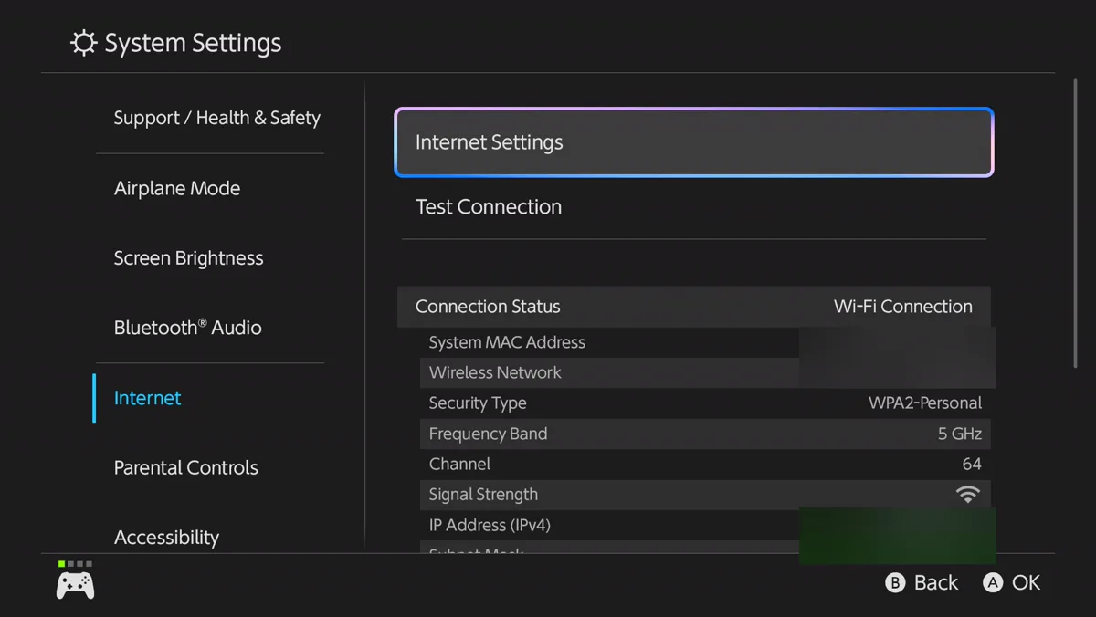 The Nintendo Switch System Settings screen with Internet selected in the left column. On the right, Internet Settings is highlighted above Test Connection, with a connection status table below it. The MAC address, network name and IP address are blurred out.