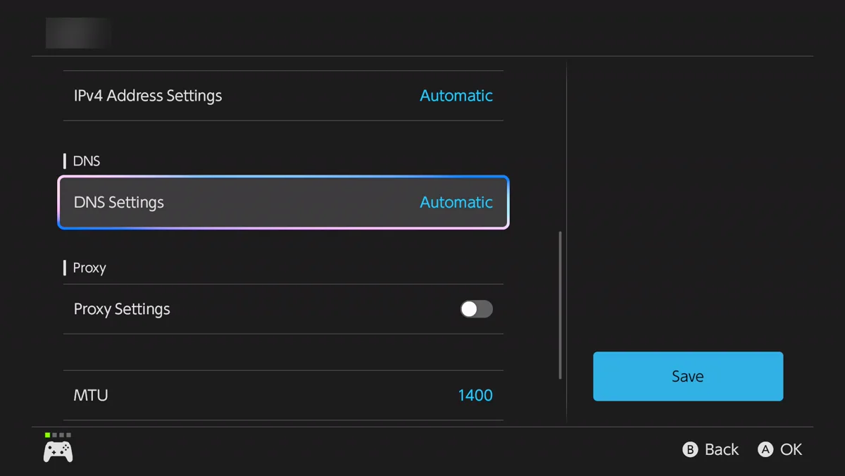 The Switch network settings screen. IPv4 Address Settings is set to Automatic. Below it, DNS Settings is highlighted and set to Automatic. Proxy Settings is switched off and MTU is 1400. A Save button sits on the right. The network name in the title is blurred out.