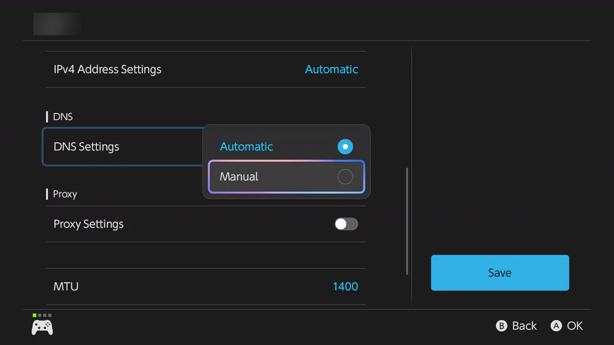 The same Switch screen with a small menu open on DNS Settings offering two choices, Automatic and Manual. Automatic is currently selected and Manual is highlighted.
