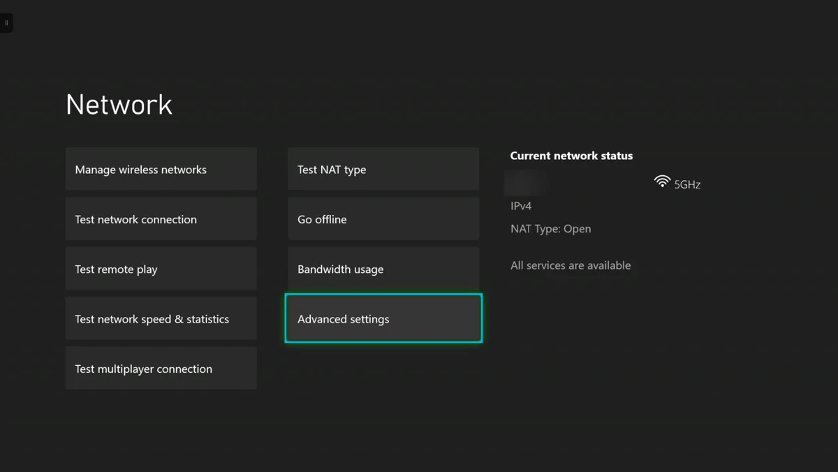 The Xbox Network screen. The left column lists Manage wireless networks, Test network connection, Test remote play, Test network speed and statistics, and Test multiplayer connection. The middle column lists Test NAT type, Go offline, Bandwidth usage, and Advanced settings. Advanced settings is highlighted. The network name on the right is blurred out.