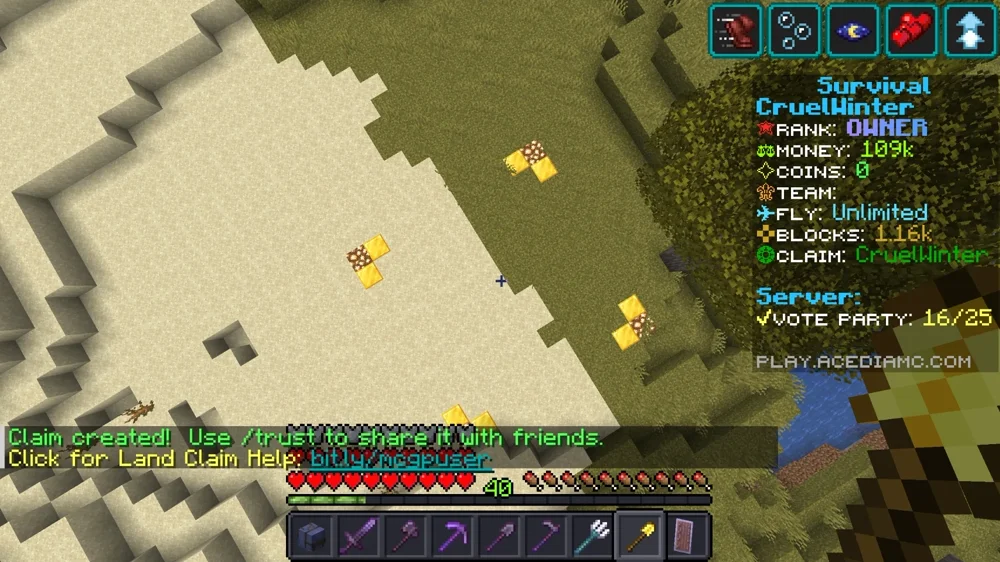 The same spot after claiming. Gold and glowstone marker blocks outline the claim boundary, and the chat reads Claim created, use slash trust to share it with friends. The sidebar now shows Claim: CruelWinter.