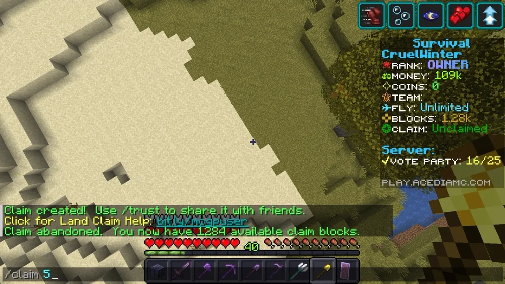 Standing on open sand with the command slash claim 5 typed into chat. The sidebar shows Claim: Unclaimed and 1.28 thousand claim blocks available.