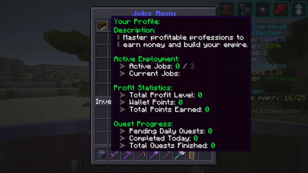 The Jobs Menu showing Your Profile: active jobs zero of three, total profit level, wallet points, and quest progress.