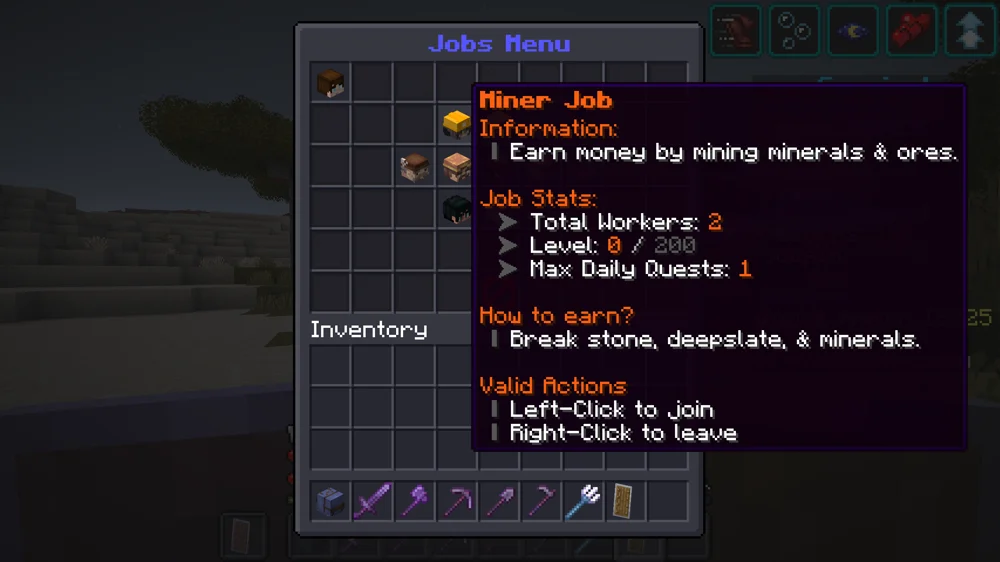 The Miner job in the Jobs Menu: earn money by mining minerals and ores, by breaking stone, deepslate and minerals. Left-click to join, right-click to leave.