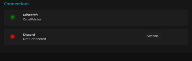 The connections page. Minecraft shows a green dot and a username. Discord shows a red dot, Not Connected, and a Connect button.