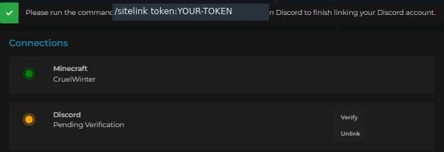 A banner reading: please run the command slash sitelink token, followed by your own token, in Discord to finish linking. Below it Discord shows an orange dot and Pending Verification.