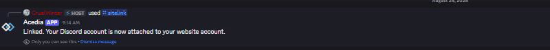 The bot replying: linked. Your Discord account is now attached to your website account.