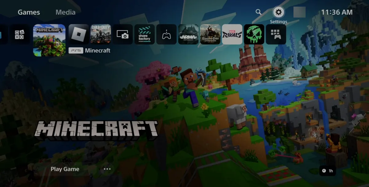 The PlayStation 5 home screen with Minecraft selected. A row of game icons runs across the top and the Settings gear icon in the top right is highlighted. The account avatar beside it is blurred out.