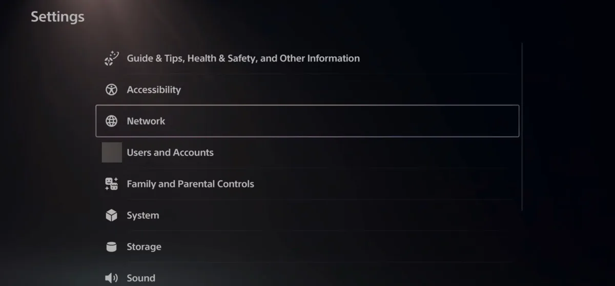 The PS5 Settings list showing Guide and Tips, Accessibility, Network, Users and Accounts, Family and Parental Controls, System, Storage and Sound. Network is highlighted. The account picture beside Users and Accounts is blurred out.