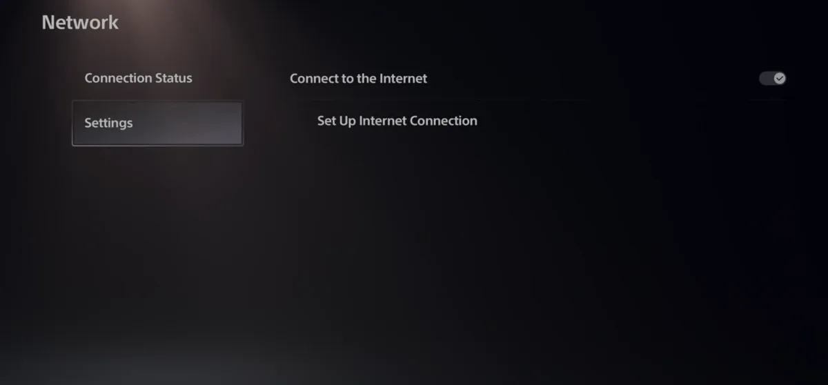 The PS5 Network screen with Settings highlighted in the left column. On the right, Connect to the Internet is switched on and Set Up Internet Connection is listed below it.
