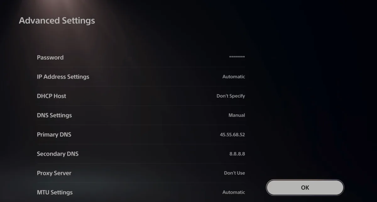 The PS5 Advanced Settings screen. IP Address Settings is Automatic, DHCP Host is Do not Specify, DNS Settings is Manual, Primary DNS is 45.55.68.52, Secondary DNS is 8.8.8.8, Proxy Server is Do not Use and MTU Settings is Automatic. The OK button is highlighted.