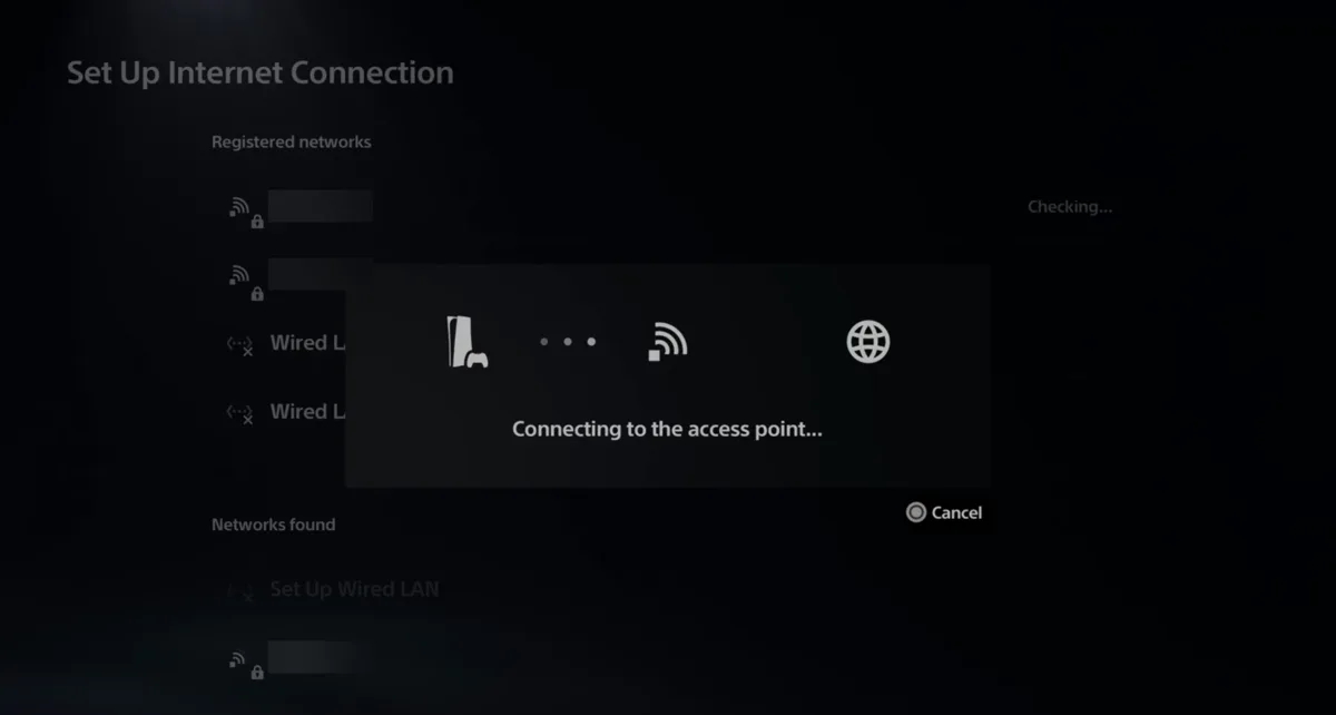 The PS5 reconnecting, with a dialog reading Connecting to the access point and a Cancel option. The Wi-Fi network names behind it are blurred out.