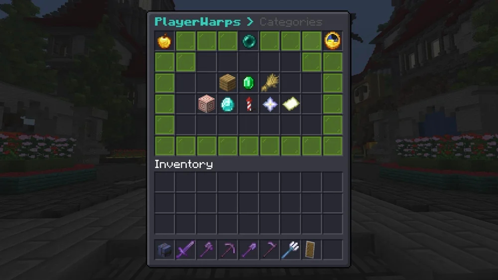 The PlayerWarps categories menu, a grid of category icons including wood, emerald, wheat and diamond, with buttons for all warps, favourites and recent warps.