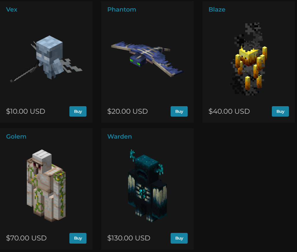 The five donator ranks on the AcediaMC store: Vex ten dollars, Phantom twenty, Blaze forty, Golem seventy and Warden one hundred and thirty, each shown with its mob.
