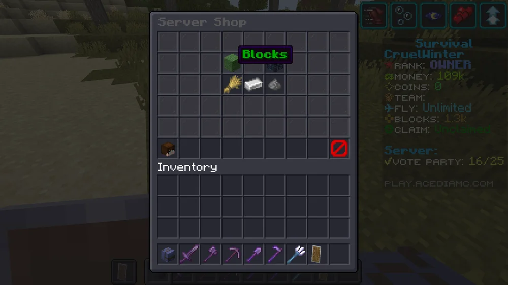 The Server Shop menu with five category icons in the middle and the Blocks category highlighted under the cursor.