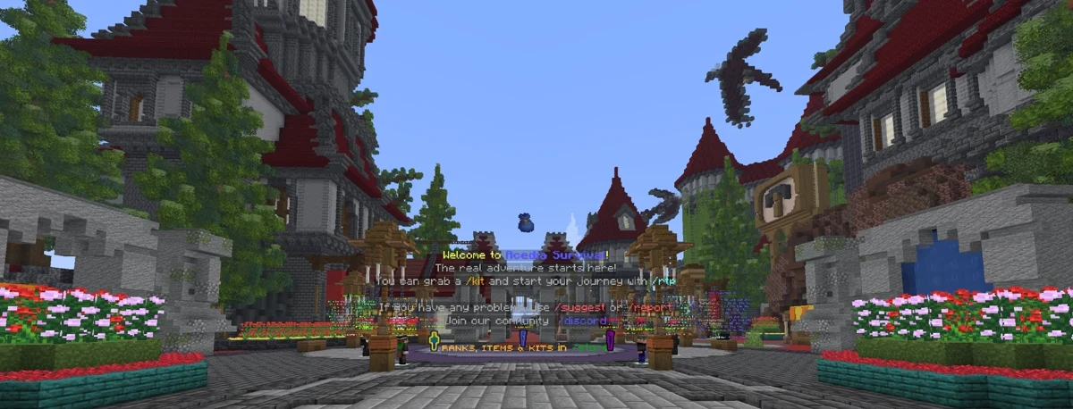 AcediaMC spawn: a stone plaza framed by medieval buildings with red roofs, flower beds either side, and holograms over the central archway welcoming you and pointing to the kit, random teleport, suggest, report and Discord commands.